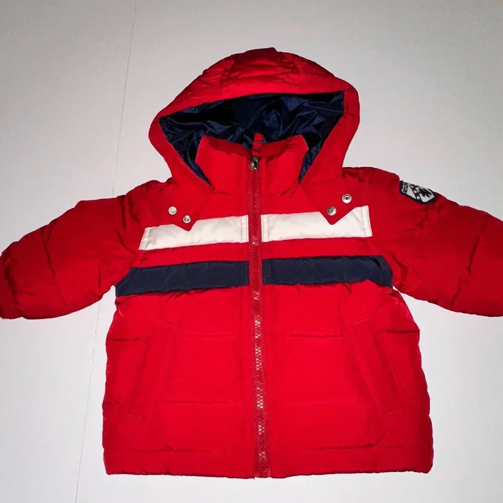 Tommy Hilfiger Infant 12M Boys Puffer Hooded Jacket Red Blue Full Zip Coat WARM